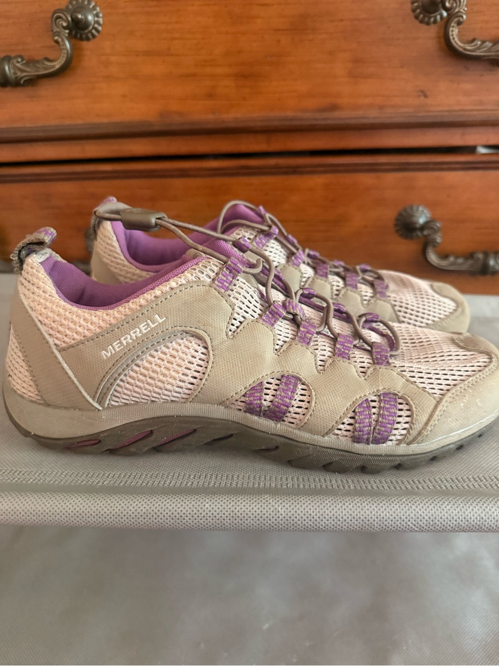 Merrell Women's Tan Athletic Hiking Shoes with Purple Accents